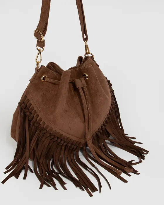 Chocolate Giselle Fringe Bucket Bag — view 3