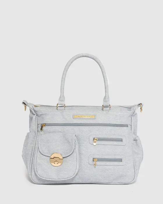 Blue Pocket And Zip Baby Bag With Gold Hardware