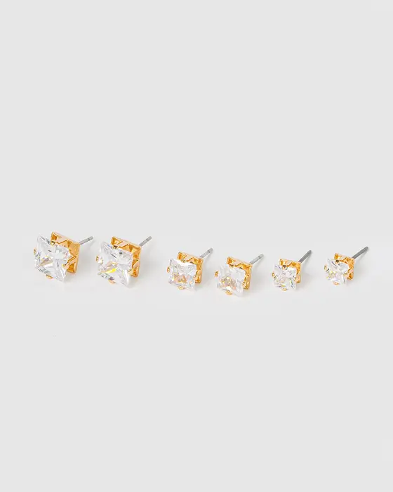 Gold 3 Pack Square Stud Earrings