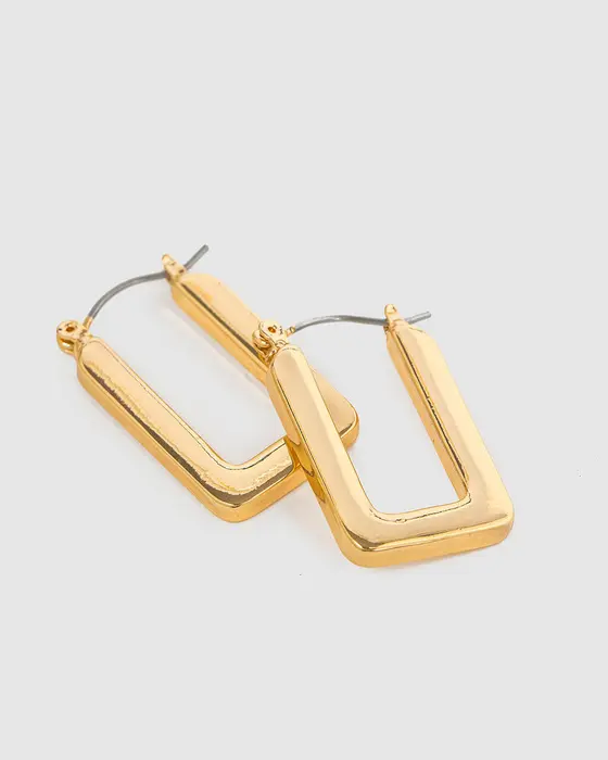 Gold Rounded Regtangle Hoop Earrings — view 3