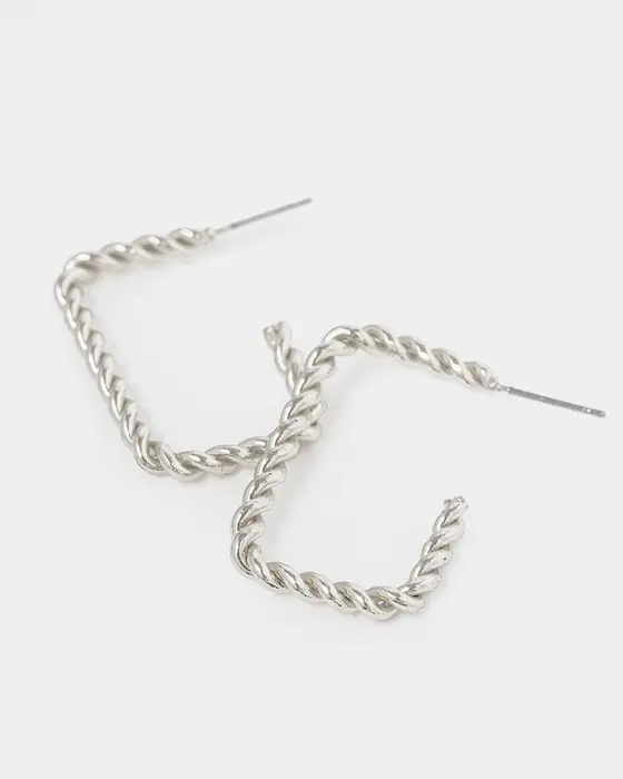 Silver Open Twisted Regtangle Hoop Earrings — view 3