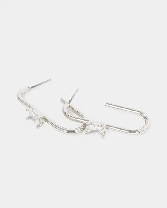 Silver Rounded Hoop Crystal Earrings — view 3