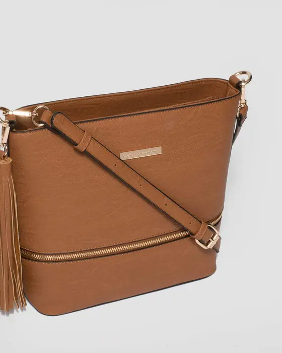 Tan Pia Tassel Medium Crossbody Bag — view 3
