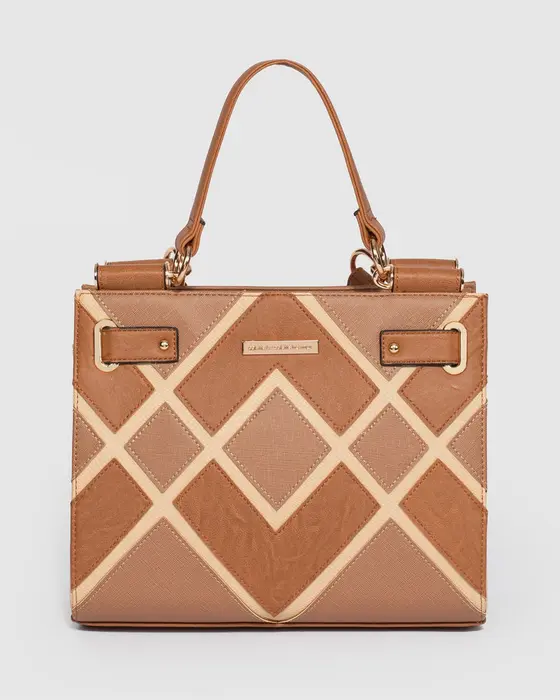 Tan Stephanie Diamond Square Tote Bag