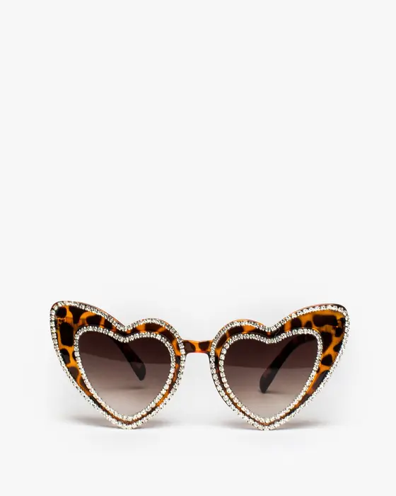 Tortoiseshell Double Rhinestone Heart Sunglasses